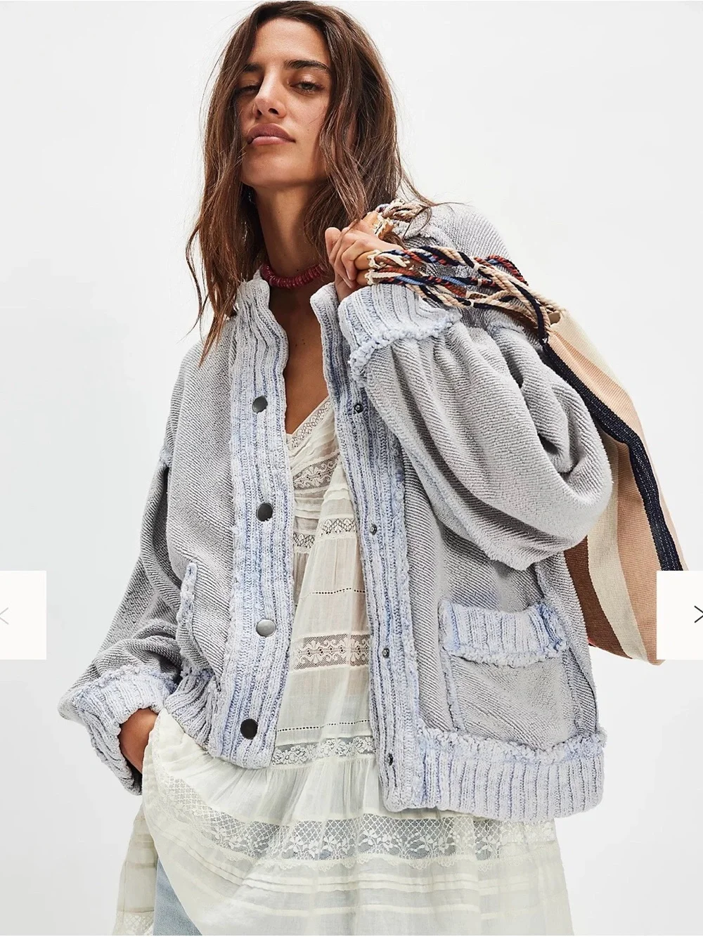 Free People Light Gray Denim-Trim Snap Jacket